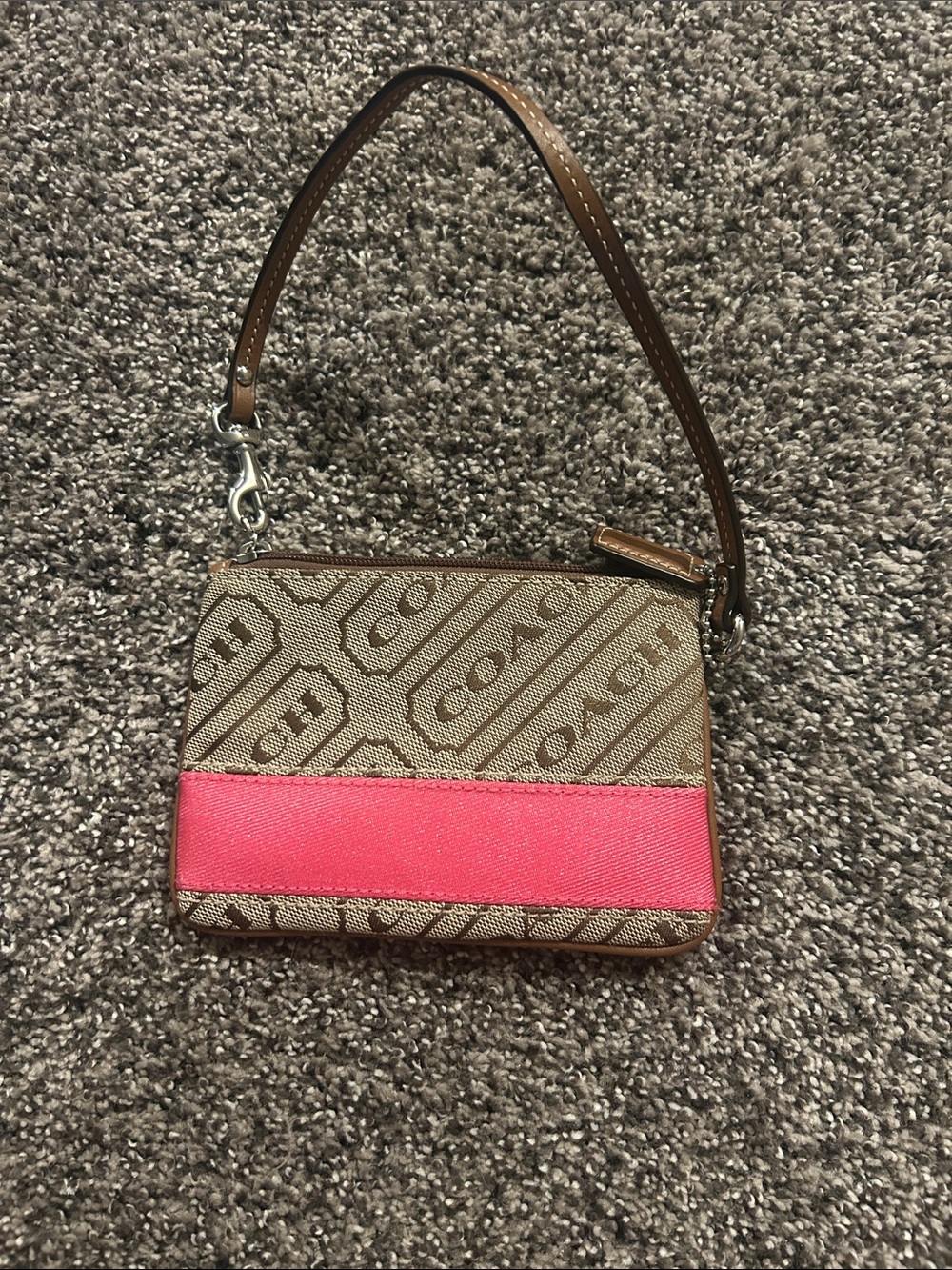 Coach Brown Signature Canvas Wristlet with Pink Stripe